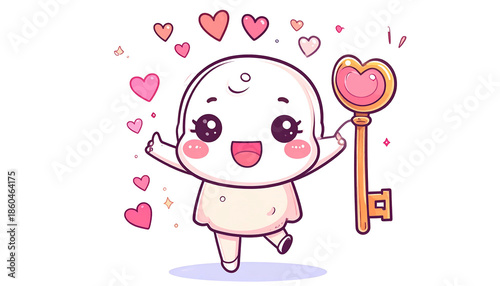 Whimsical cartoon figure with key and hearts, exuding joy and affection