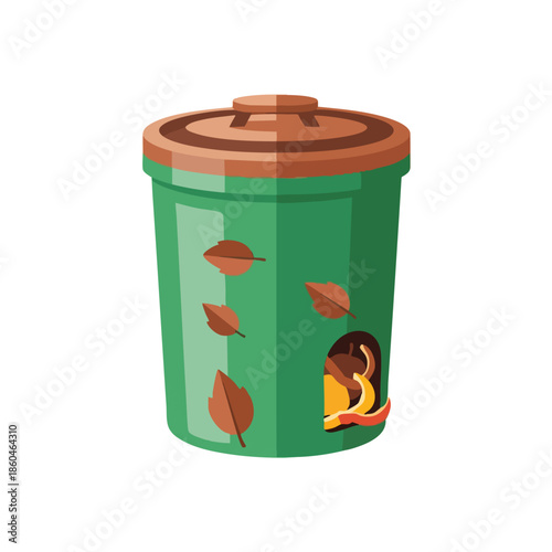 Vector image of a compost bin with lid and leaves, partially full
