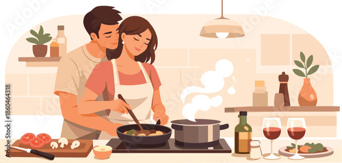 Kitchen Romance Illustration. Clean modern illustration conveying kitchen romance vibes through shared cooking, intimacy, and