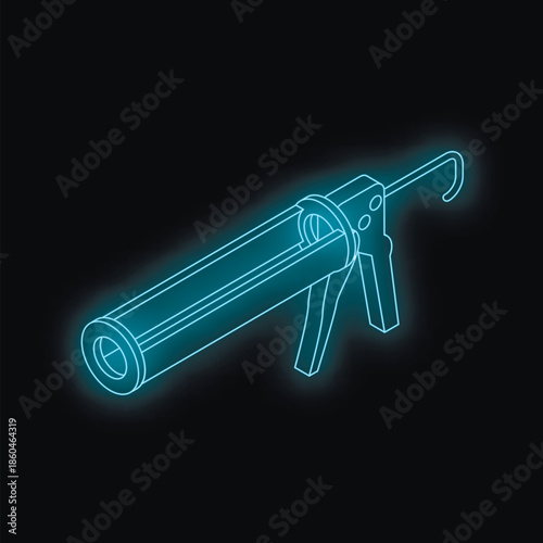 Glowing neon blue caulking gun on black background, ideal for construction and diy projects