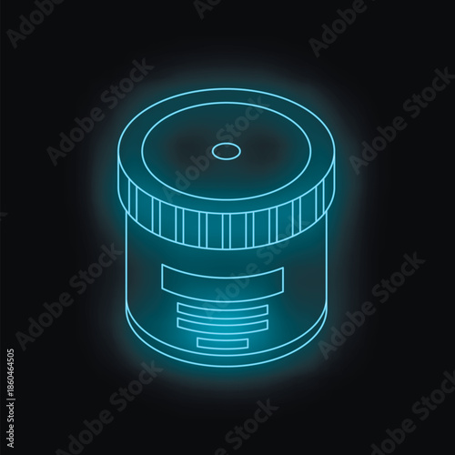 Neon blue cosmetic cream jar glowing on black background, representing beauty products, skincare, and nighttime routines