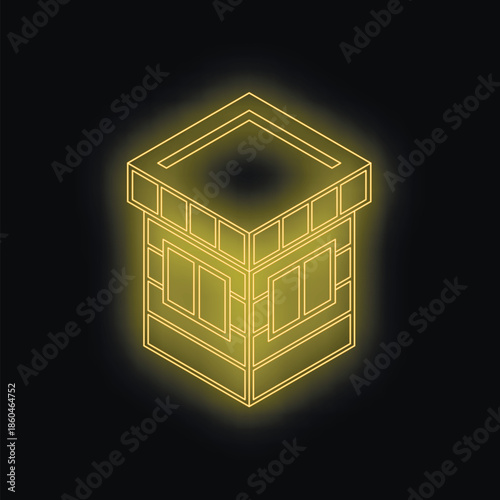 Golden neon outline of the kaaba in mecca, presented in isometric projection on a black background, symbolizing islam and pilgrimage