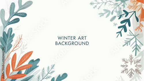 Winter art background with colorful leaves and snowflakes