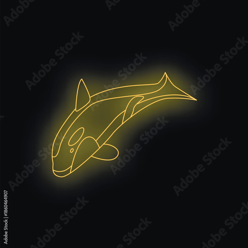 Neon orca whale swimming underwater, glowing yellow against a black background