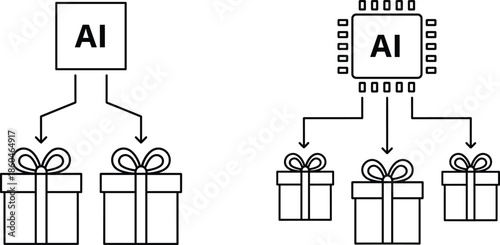 Outline Vector Icon Set Featuring AI Processing Units Directing Personalized Gift Recommendations for Intelligent E-commerce and Retail Logistics