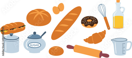 Baking And Bakery Elements Set With Bread Pastries And Kitchen Tools Cartoon Vector Illustration