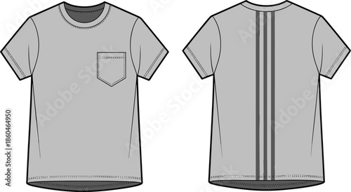 Front back view pocket t shirt vector illustration mockup with vertical stripe design isolated white background fashion apparel template