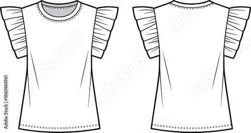 Front back view ruffle sleeve t shirt vector illustration mockup isolated white background women fashion apparel design template
