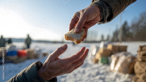 Hands share fresh bread between volunteers and needy during winter relief