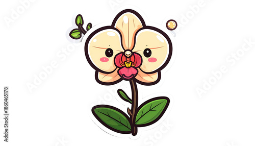 Adorable cartoon orchid sticker with large eyes, a stem, leaves, and a happy expression