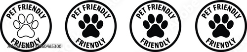 Circular Vector Badge Icon Set Featuring Paw Prints with Bold Pet Friendly Text for Hospitality and Retail Signage