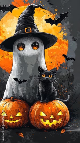 Spooky halloween ghost and cat over seeing glowing jacko'lanterns with flying bats