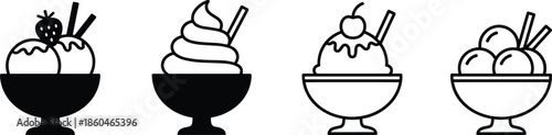 Vector Icon Set Featuring Sundaes Soft Serve and Scooped Ice Cream with Toppings in Solid and Outline Styles
