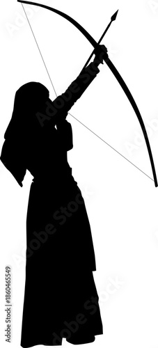 Silhouette of a female medieval archer aiming up.