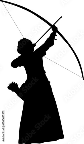 Silhouette of a female medieval archer aiming up.