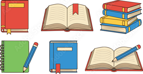 Books and notebooks icons collection with open books, stacked textbooks, and study materials isolated on white background vector illustration