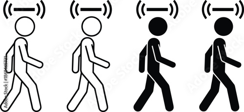 Vector Icon Set Featuring Human Figures with Signal Emission Waves for Proximity Alerts and Smart Navigation Technology Interfaces