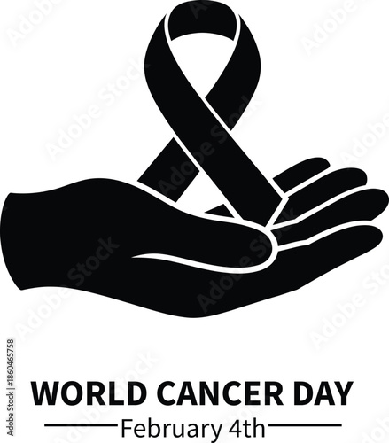 Black and white illustration for world cancer day featuring hand holding awareness ribbon