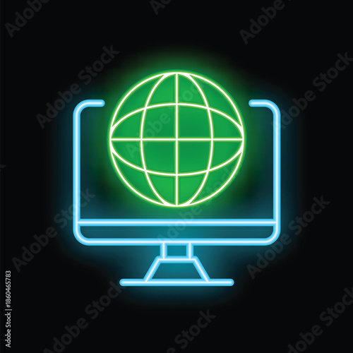 Neon icon of a computer screen displaying a green globe, representing global communication and internet connectivity