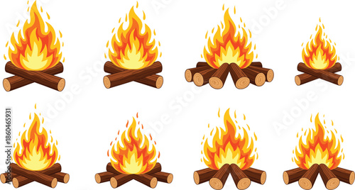 Campfire flame icons collection with burning logs for camping outdoor adventure and survival concepts vector illustration