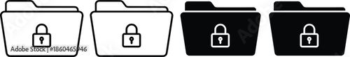 Vector Icon Set Featuring File Folders with Padlock Symbols in Solid and Outline Styles for Secure Data Storage