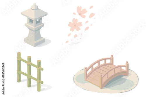 Blossom Garden Serenity. Isometric vector illustration set Blossom Garden Serenity: stone lantern, cherry petals in air, bamboo