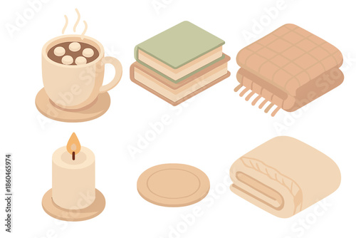 Cozy Chocolate Essentials. Isometric vector illustration set Cozy Chocolate Moment: ceramic cup, marshmallow topping, book stack,