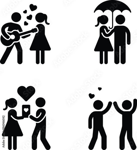 Romantic relationship icons showing different moments of love and partnership