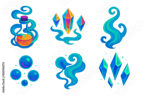 Alembic Dream Vapor. Isometric vector illustration set Alembic Dream Vapor: swirling vapor around alembic flask, glowing liquid