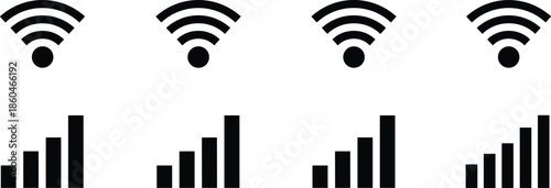 Solid Black Vector Icon Set Featuring Wi-Fi Radiating Waves and Bar Signal Strength Indicators for Digital Network Connectivity