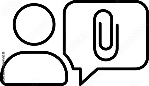 User avatar icon with speech bubble symbol sending a paper clip as message attachment. Concept of digital communication and file share. Vector graphic
