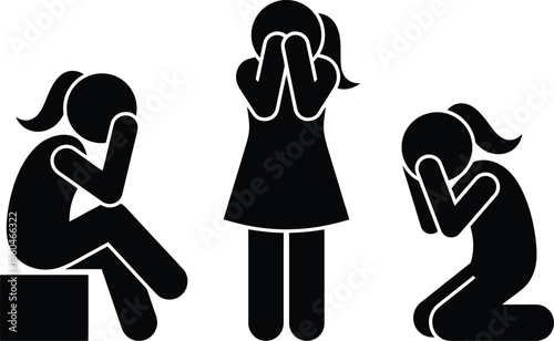 Three black pictograms illustrating a woman experiencing sadness or depression