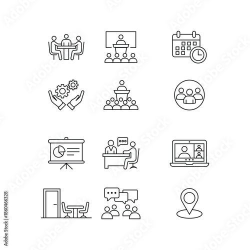 Business meeting and conference line icons set. Vector outline symbols for teamwork, presentation, schedule and office.