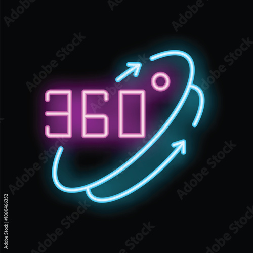 Glowing neon sign showing the concept of 360 degrees rotation