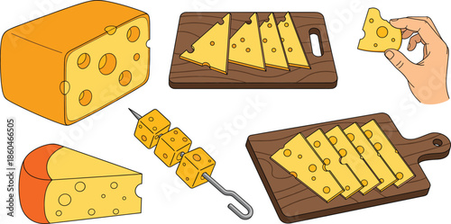 Cheese preparation and serving illustration with sliced blocks, cutting boards, skewer cubes, and hand holding piece isolated