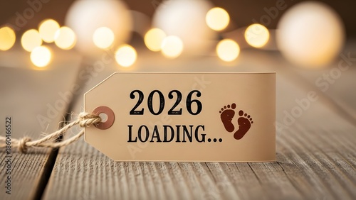 A tag displaying the message 2026 Loading along with baby footprints, against a background of wooden planks and soft lights. This image captures the anticipation and excitement of expecting a child.