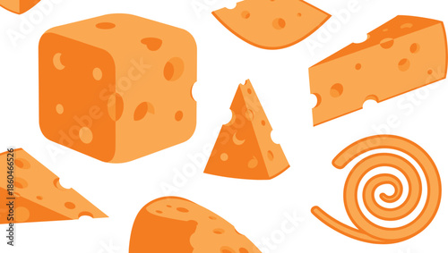 Cheese shapes and slices illustration collection with cubes wedges and swirls for dairy food and cooking concepts isolated
