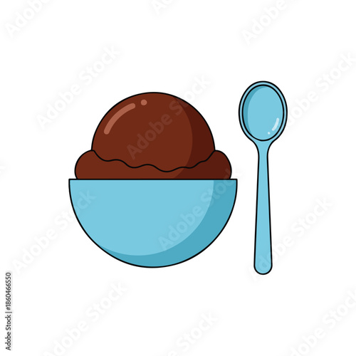 Chocolate ice cream in blue bowl with spoon.