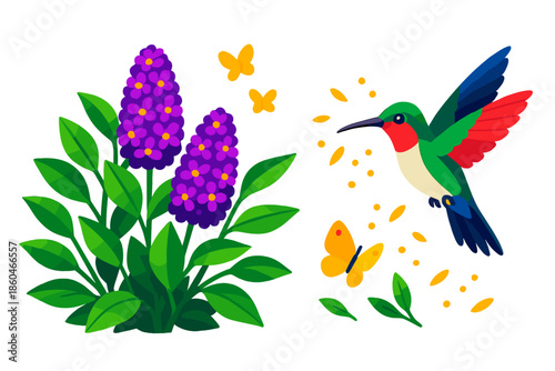 Butterfly Bush Spectacle. Isometric vector illustration set Butterfly Bush Hummingbird: vibrant bush with blossoms, hovering bird,