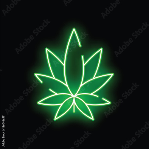 Green neon sign representing a cannabis leaf, glowing in the dark