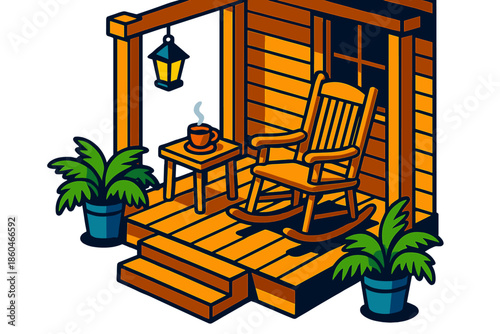 Rustic Porch Scene. Isometric vector illustration set Rocking Chair Porch: rustic wooden porch, rocking chair, small table with