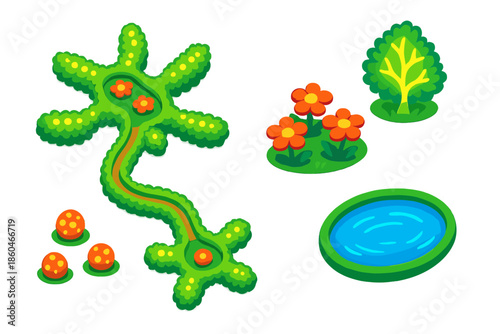 Neurological Garden Pathway. Isometric vector illustration set Neurological Garden Pathway: neuron-shaped garden layout, glowing