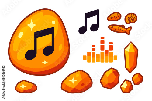 Fossilized Song Amber. Isometric vector illustration set Fossilized Song Amber: polished amber shard, trapped musical notes, tiny