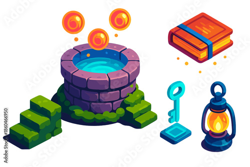 Forgotten Memory Well. Isometric vector illustration set Forgotten Memory Well: ancient stone well, floating memory orbs, glowing