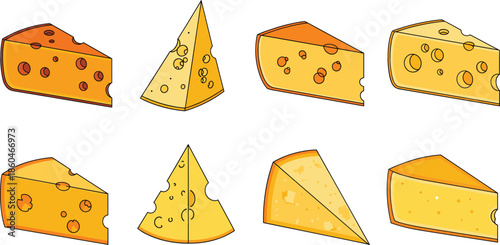 Cheese wedges and slices collection with assorted dairy varieties for food packaging menu and cooking designs isolated