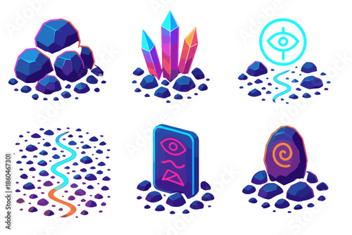 Neon Crystal Landscape. Isometric vector illustration set Talus Scree Oracle: neon boulder piles, glowing crystal shards, floating