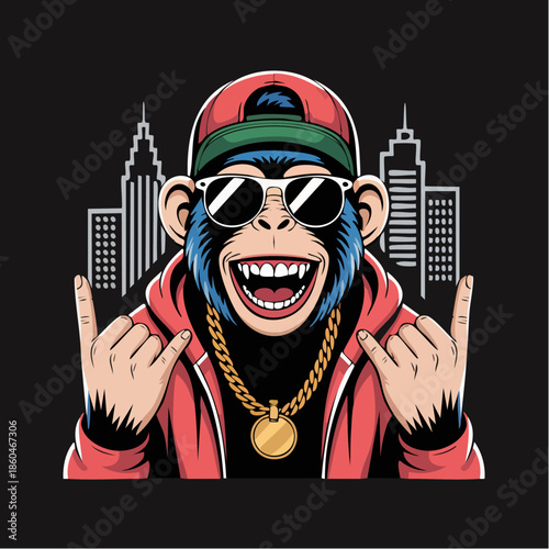 Hip Hop Gorilla Portrait With Sunglasses And Chain.
