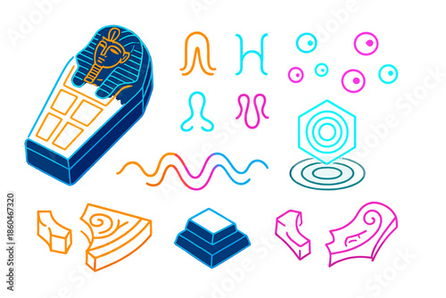 Neon Sarcophagus Design. Isometric vector illustration set Sarcophagus Hum Diagram: glowing sarcophagus panels, neon hum glyphs,