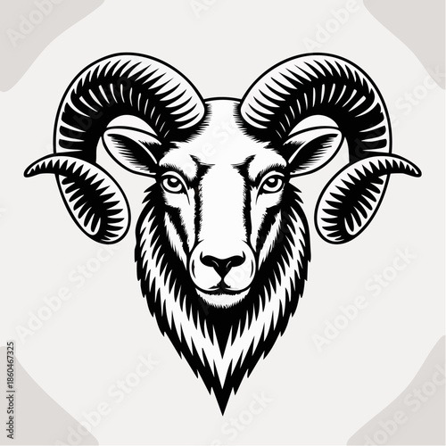 Illustrated ram head with curled horns and bold lines.