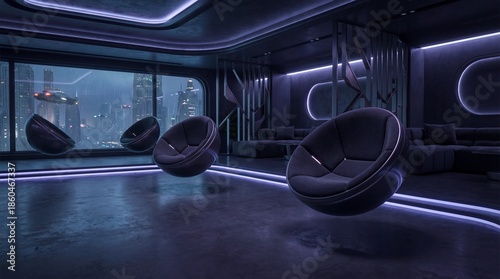 Futuristic Living Room with Levitating Chairs and Cyberpunk City View 3D Render